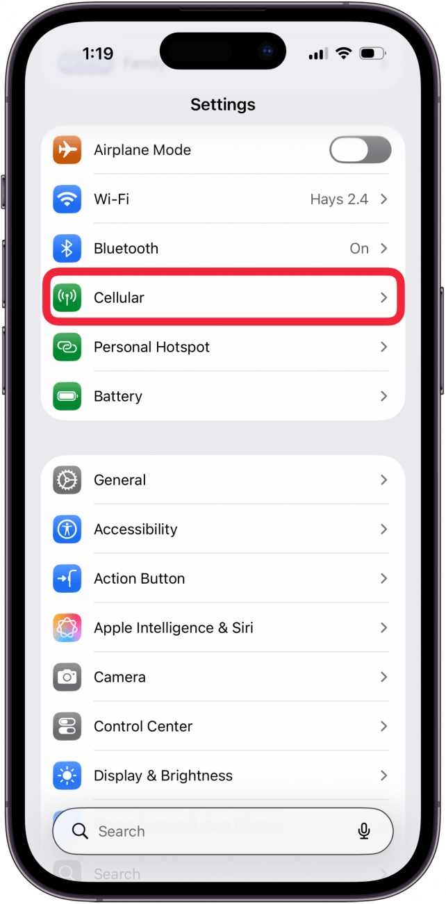 tap cellular in iphone settings