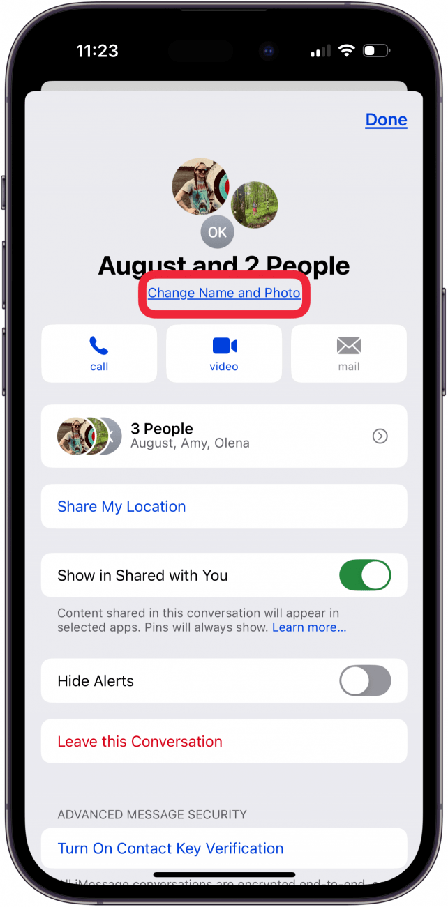 tap change name and photo under group name