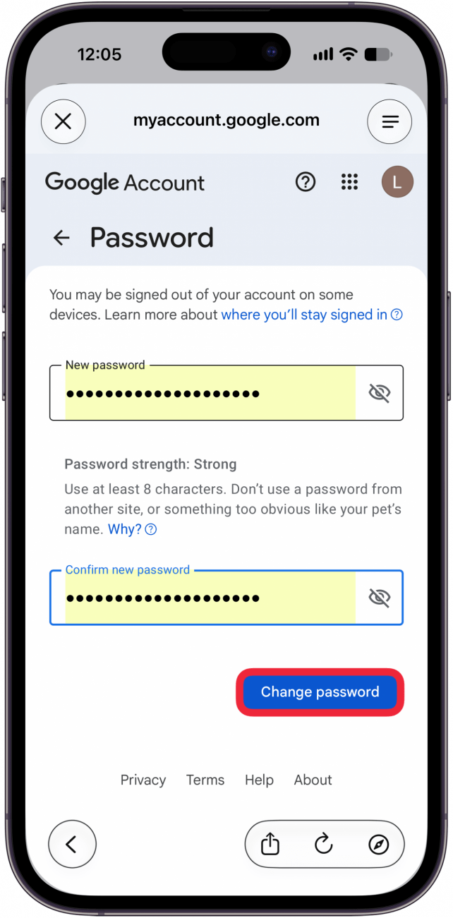 tap change password after entering and confirming password