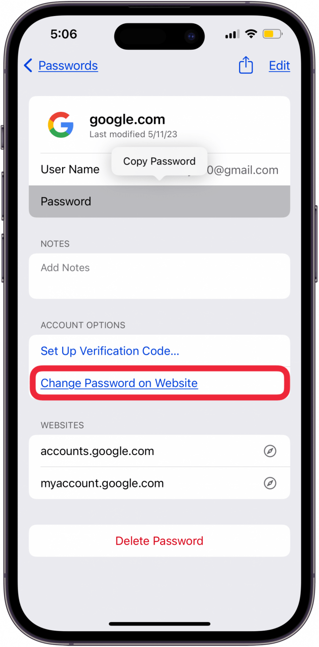 tap change password on website