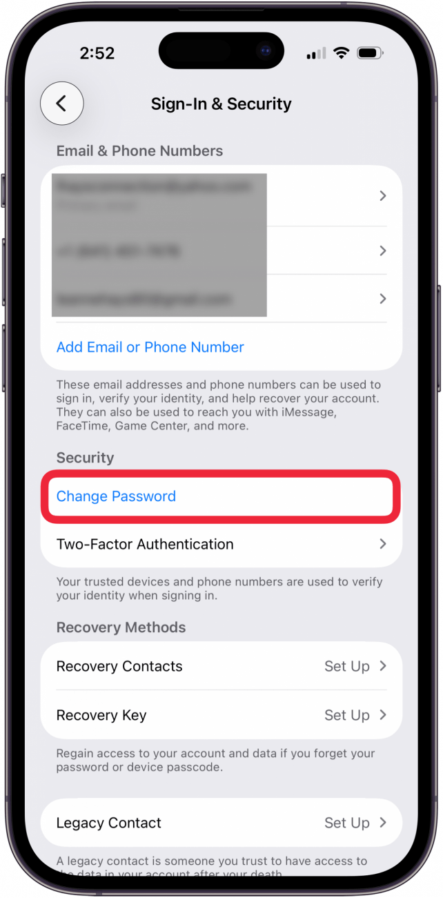 tap change password to change apple id password