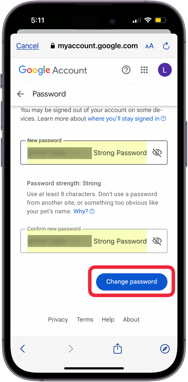 tap change password to change google password on iphone