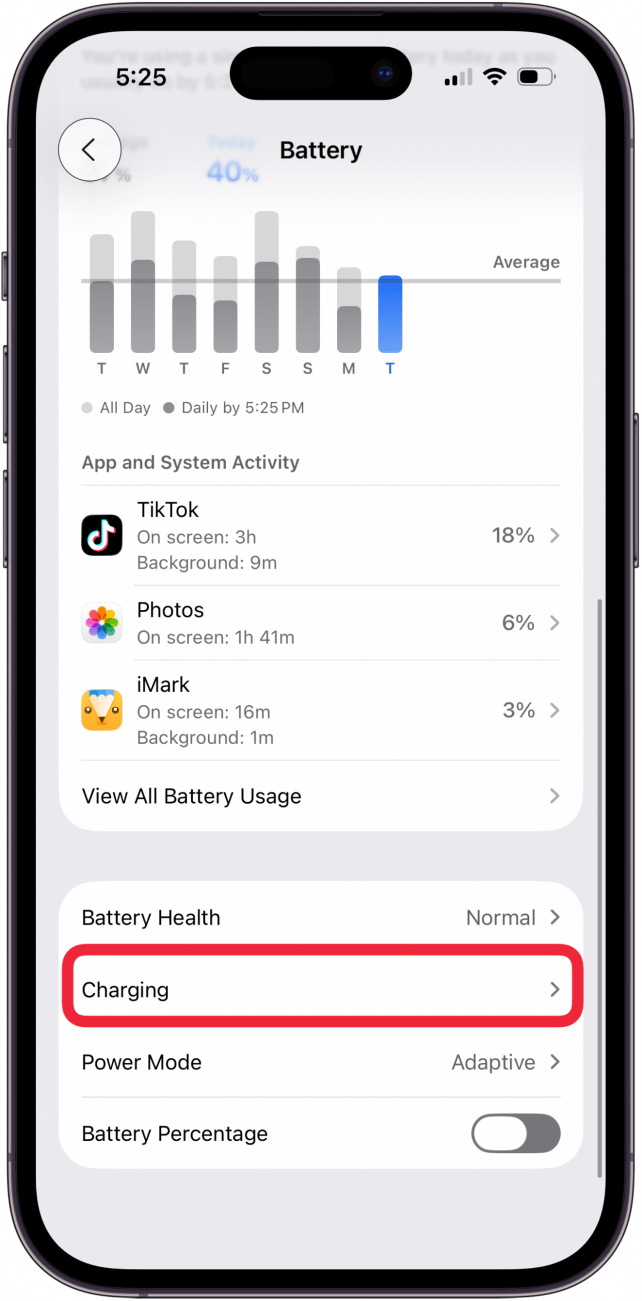 tap charging in battery settings
