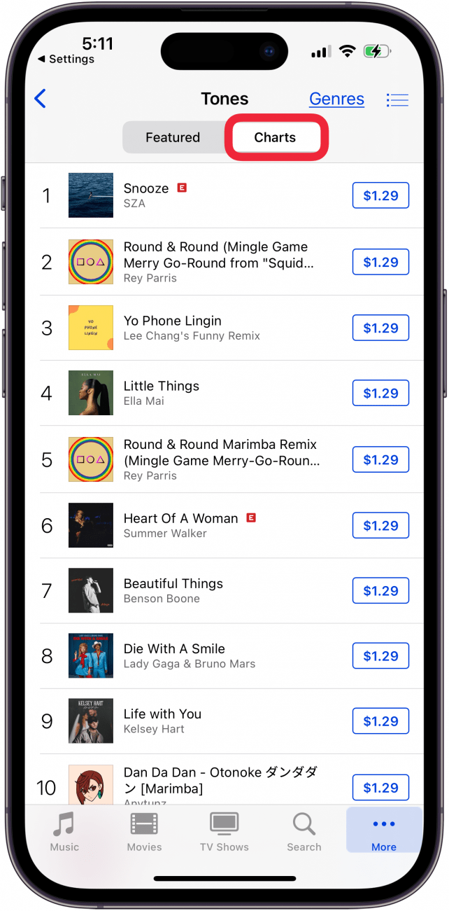 tap charts tab