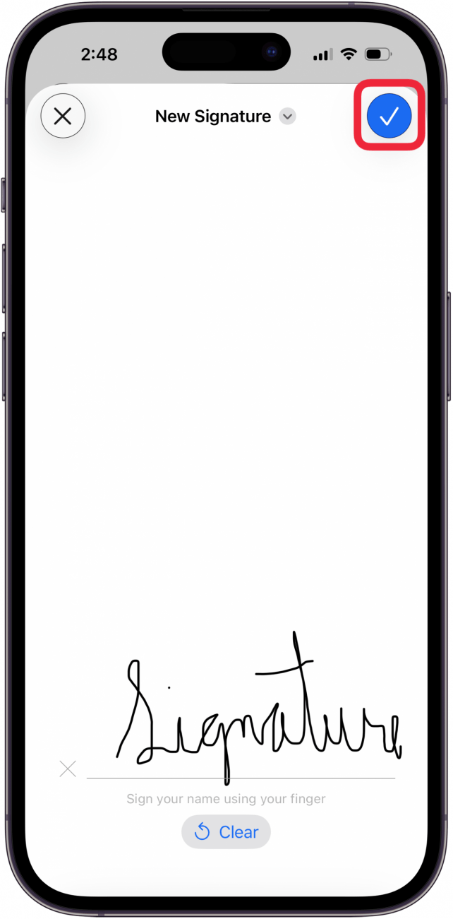 tap check mark after entering your signature