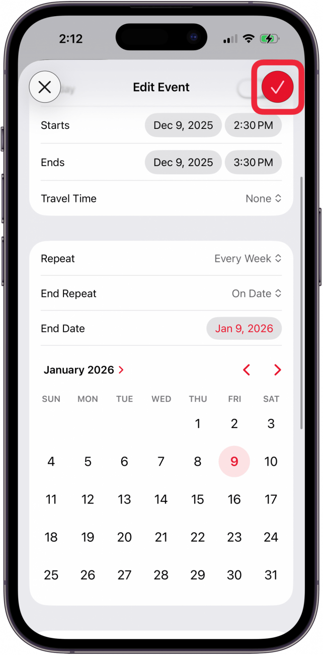 tap check mark to finish editing event