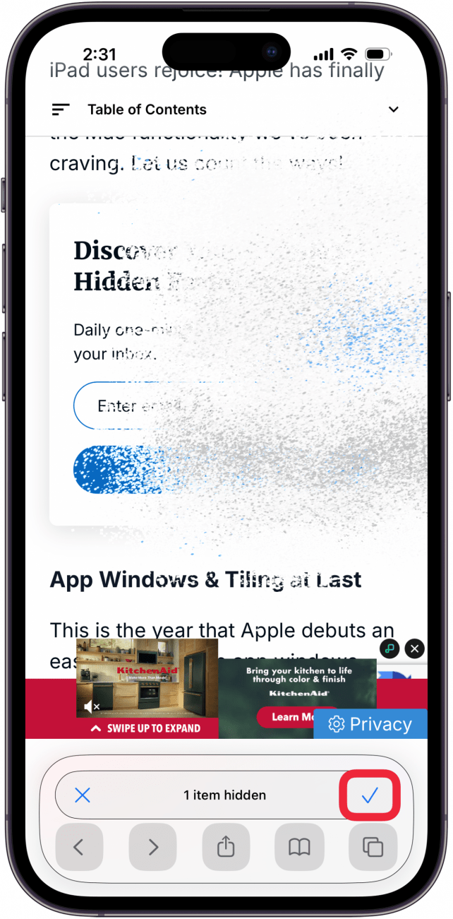 tap check mark when finished hiding distracting items