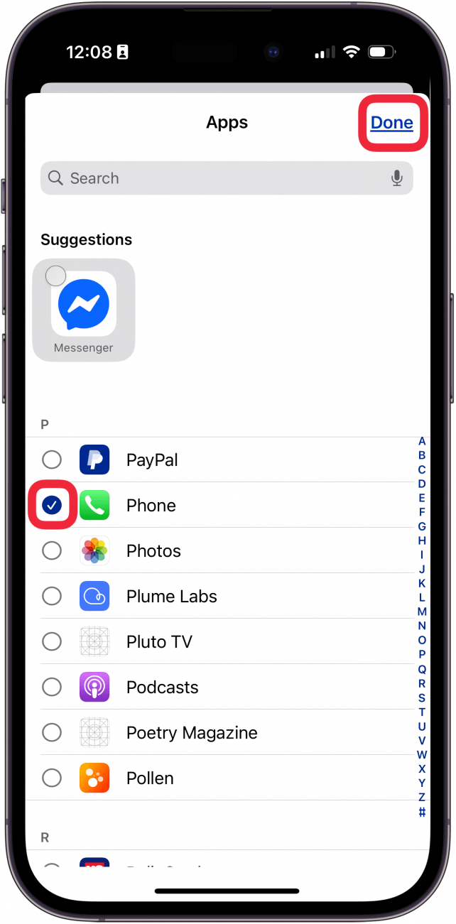 tap circle next to app you want to add, then tap done