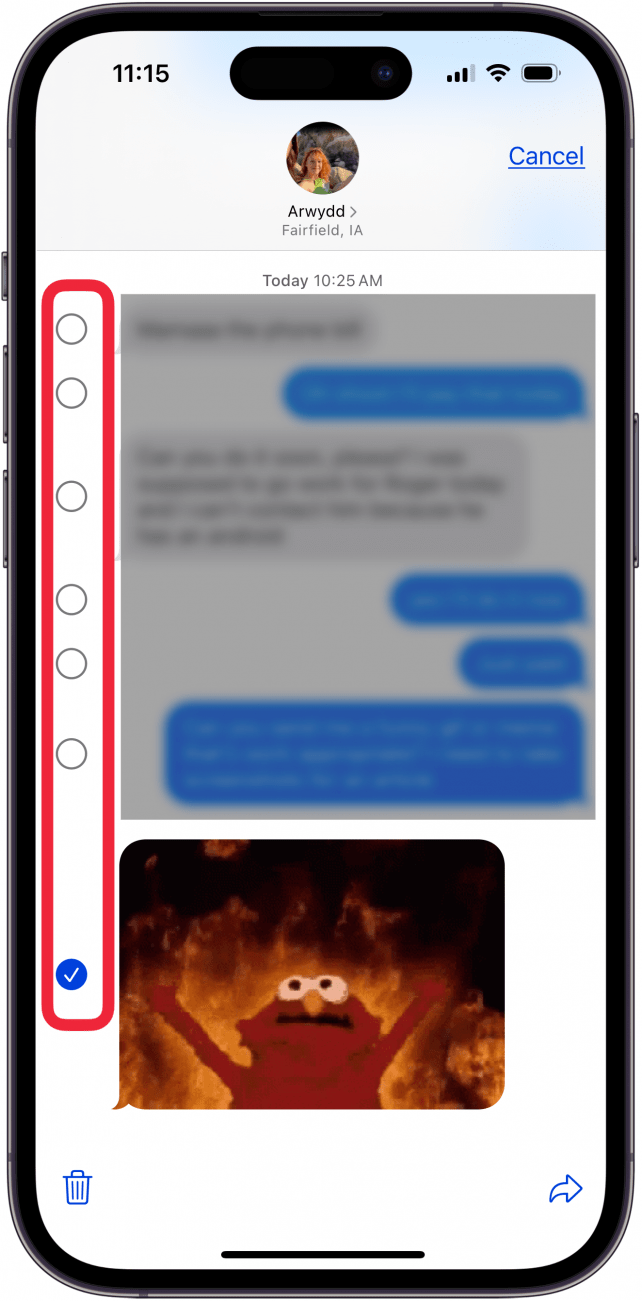 tap circles to choose messages for text message forwarding