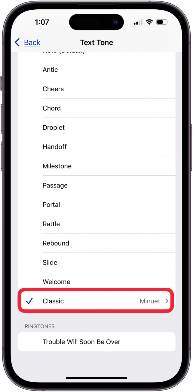 tap classic to see more text tones