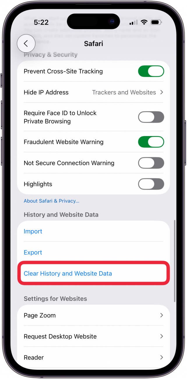 tap clear history and website data in safari settings