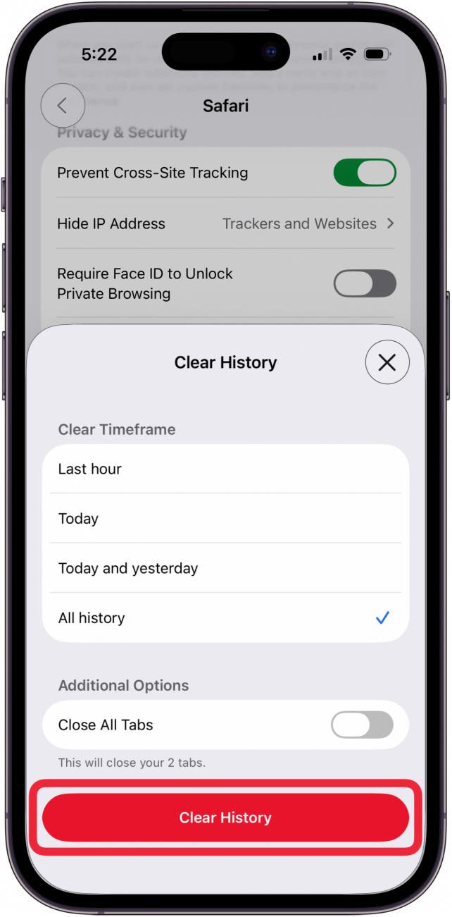 tap clear history to clear safari history