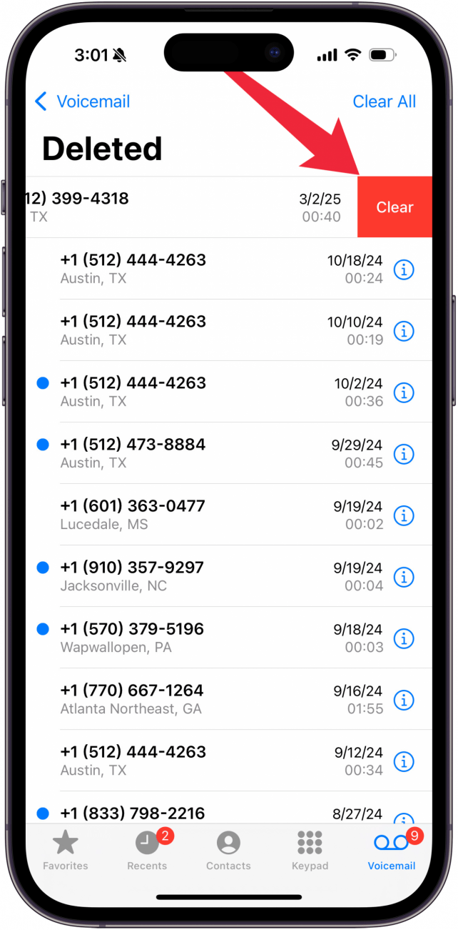 tap clear to delete deleted voicemail