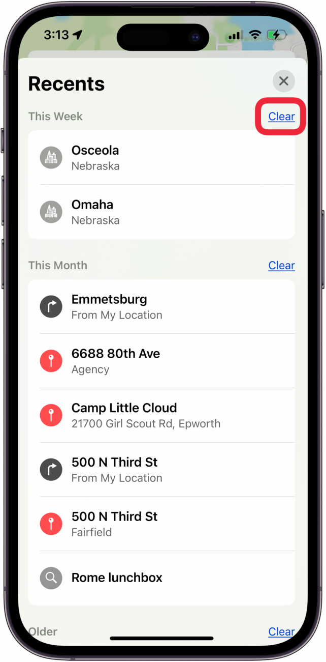 tap clear to delete map history iphone