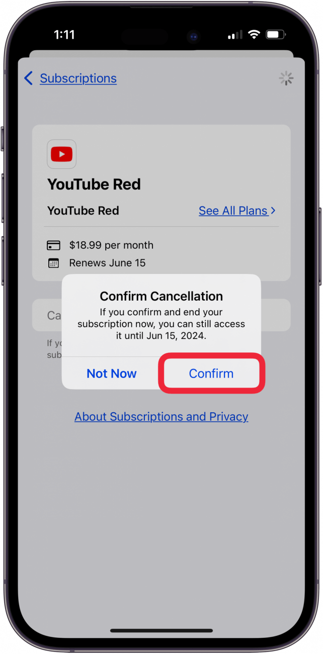 tap confirm to cancel subscription on iphone