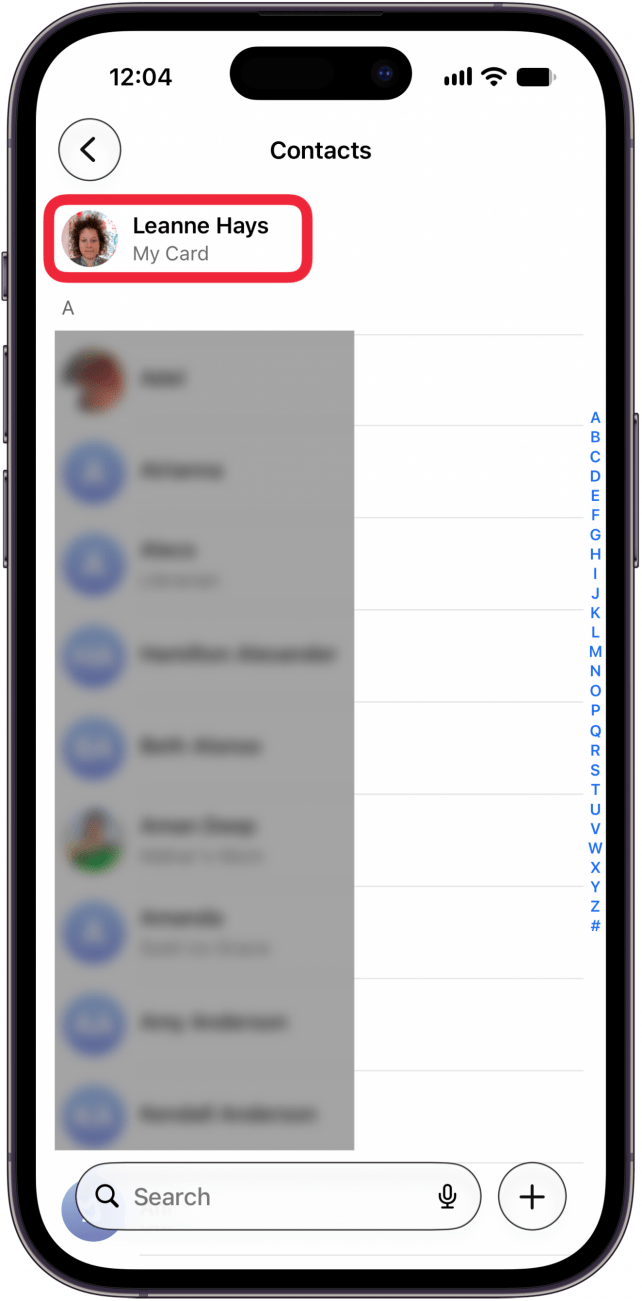 tap contact card at top of screen