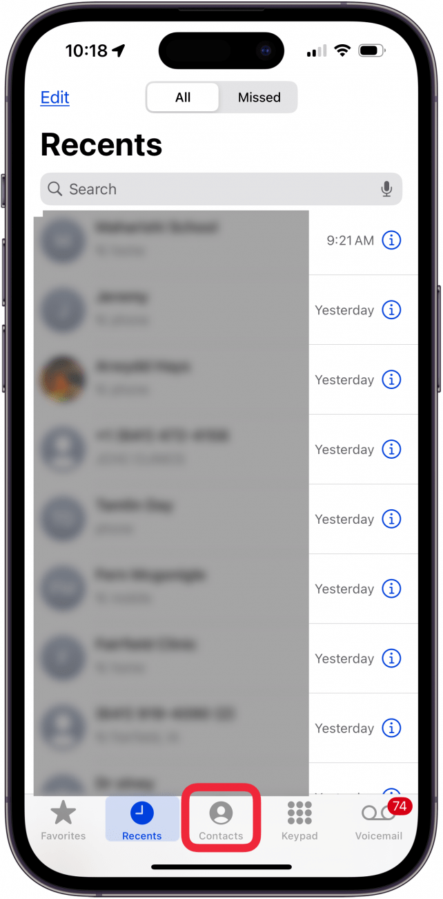 tap contacts tab