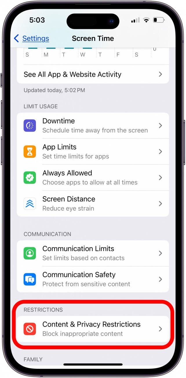 Tap content and privacy restrictions in screen time settings