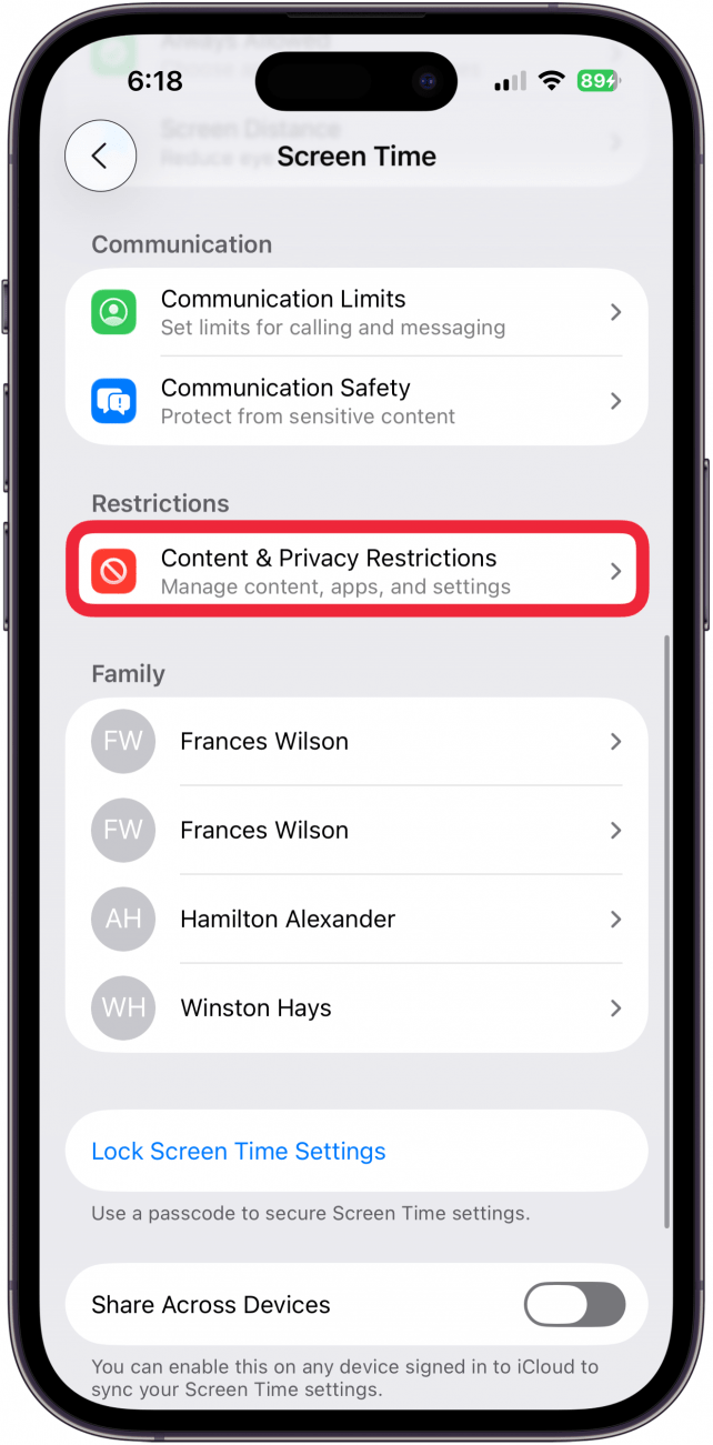 tap content and privacy restrictions in screen time settings