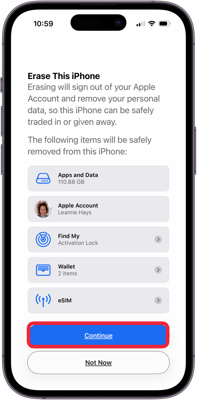 tap continue after reviewing items that will be removed