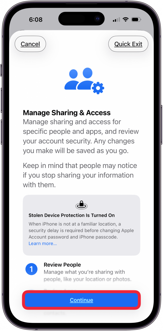 tap continue in manage sharing and access