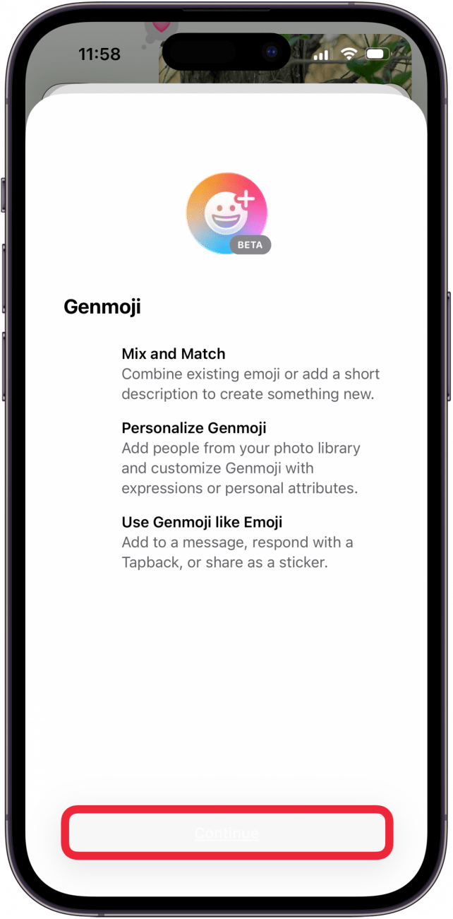 tap continue to create genmoji