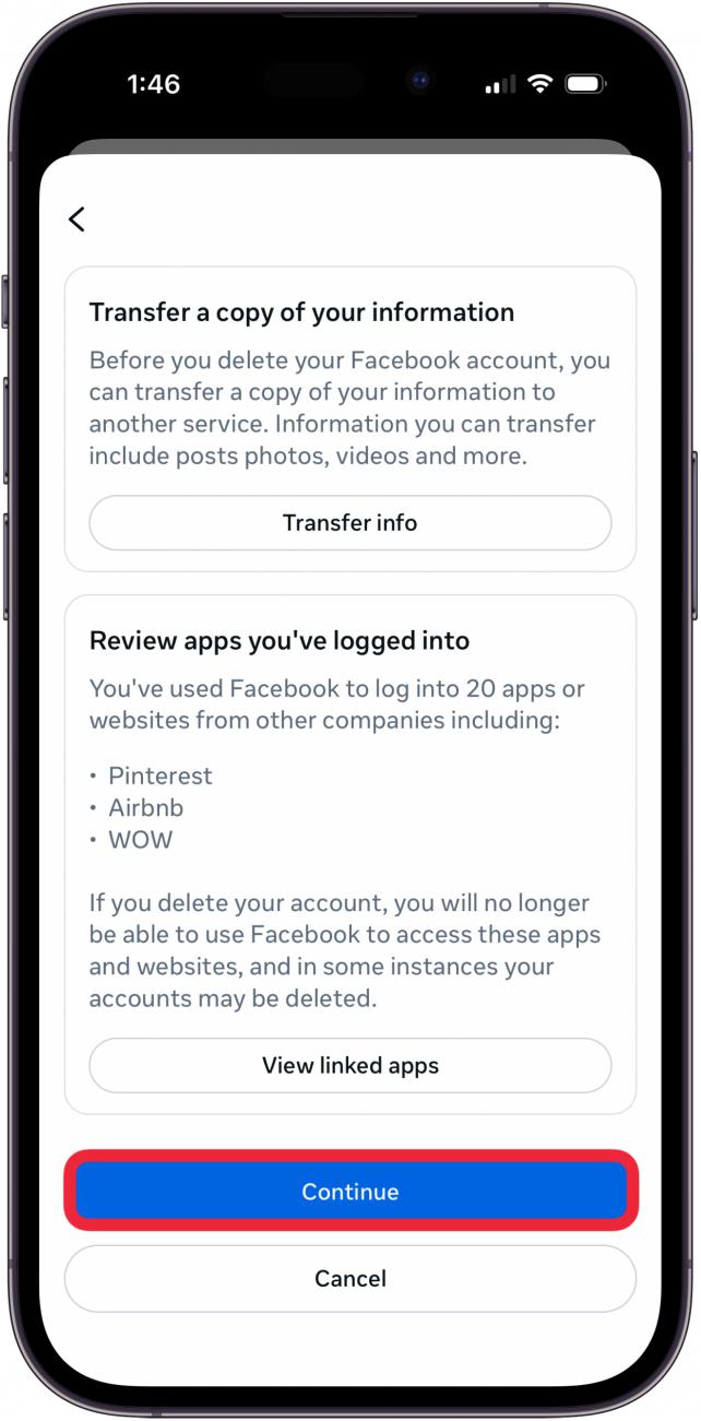 tap continue to delete facebook account tap continue to delete facebook account