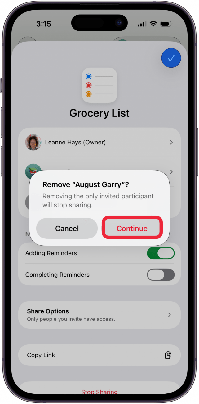 tap continue to remove participant from shared reminder tap continue to remove participant from shared reminder