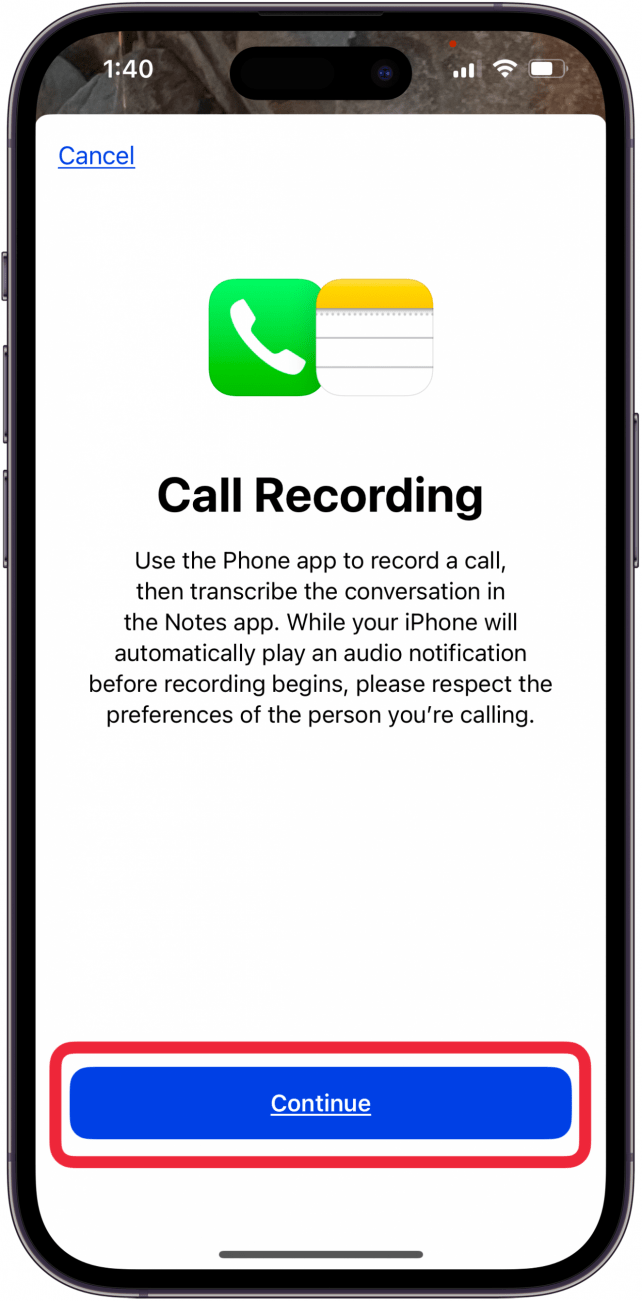 tap continue to start iphone call recording