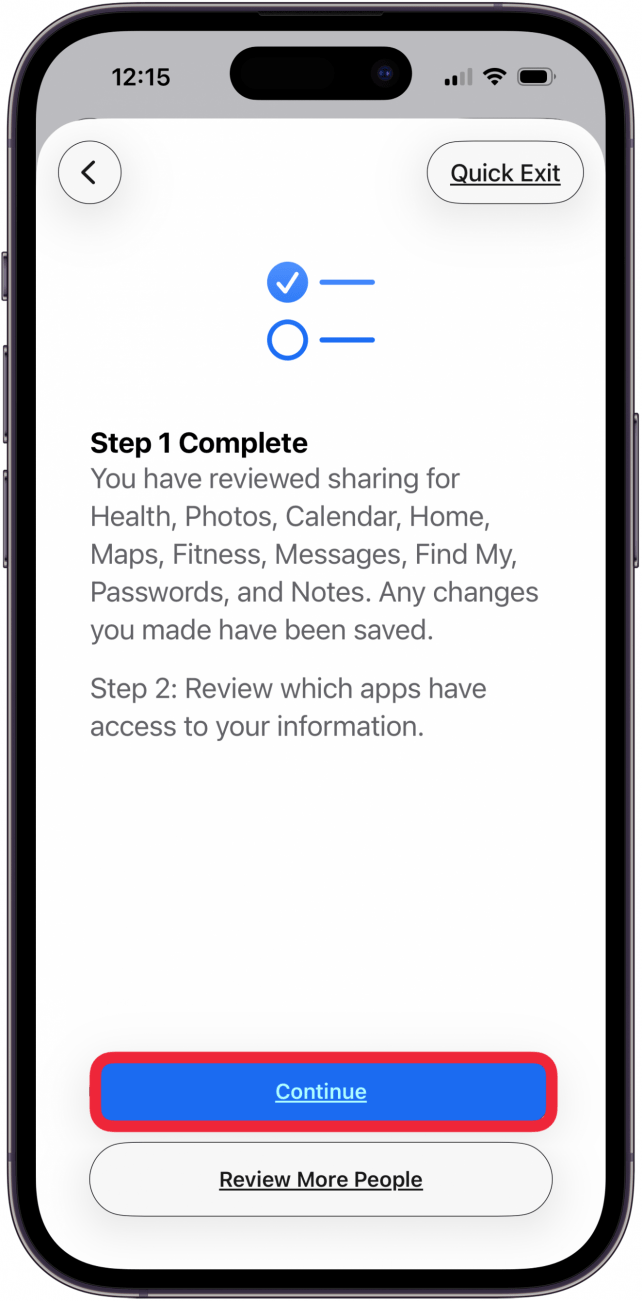 tap continue when step 1 is complete