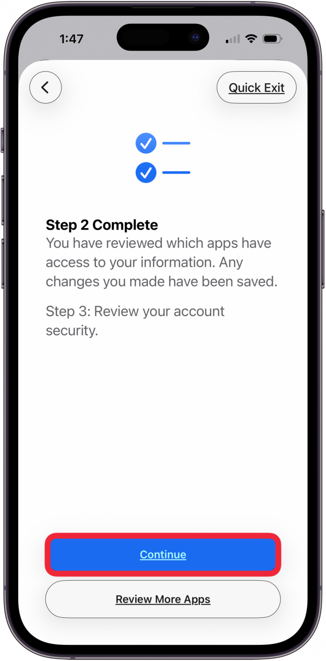 tap continue when step 2 is complete