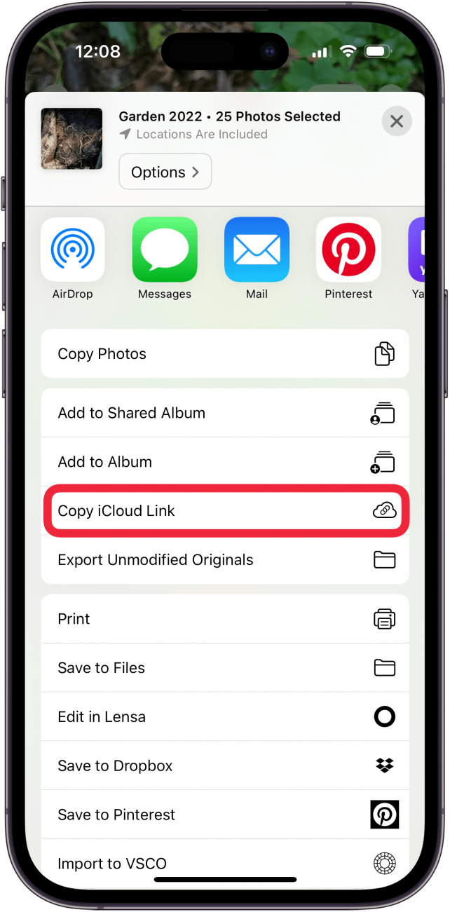 tap copy icloud link to share apple shared album with android