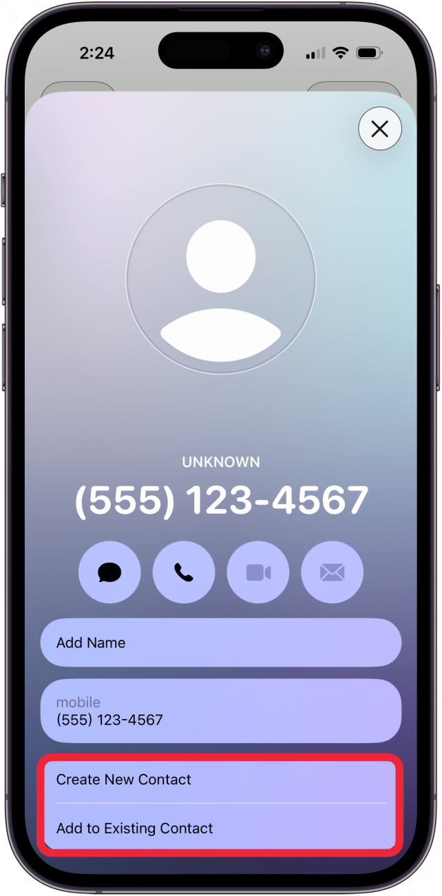 tap create new contact or add to existing contact