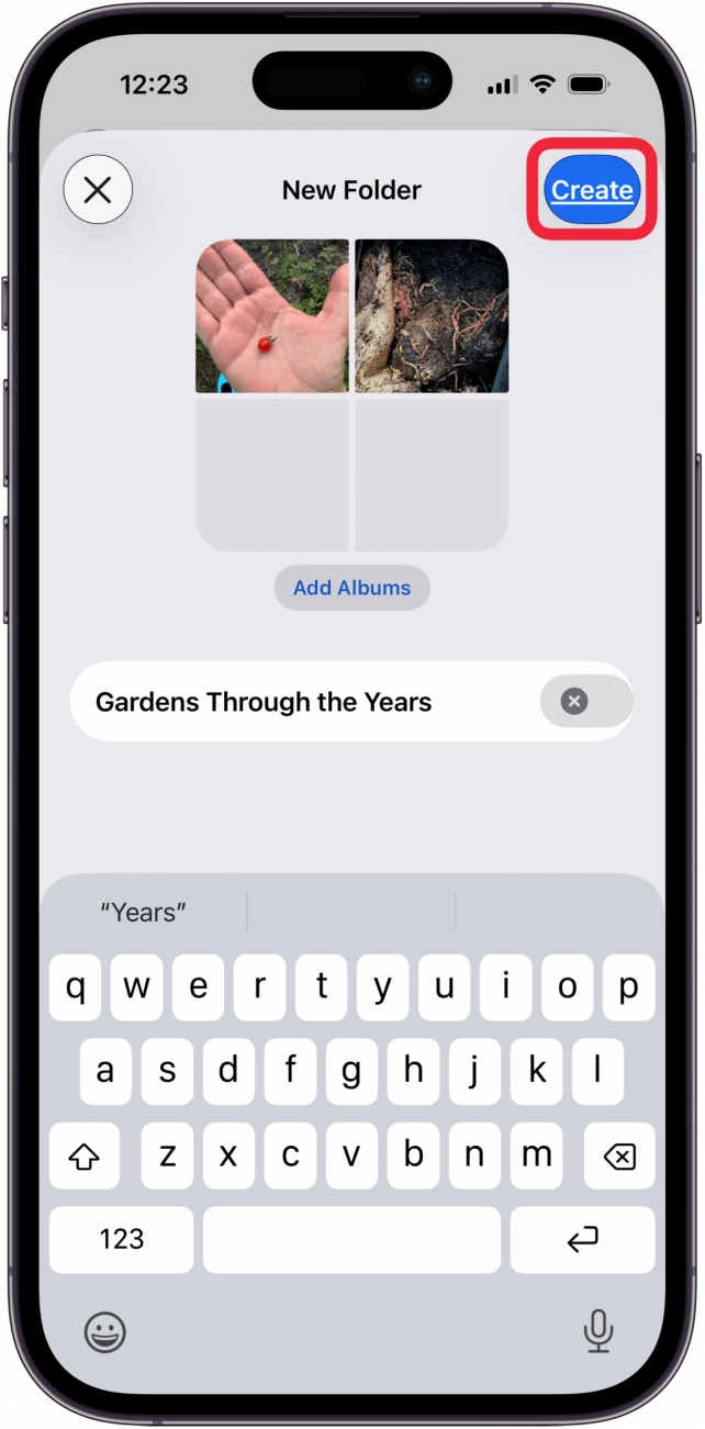 tap create to add albums to folder