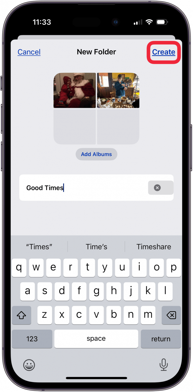 tap create to finish photo folder on iphone