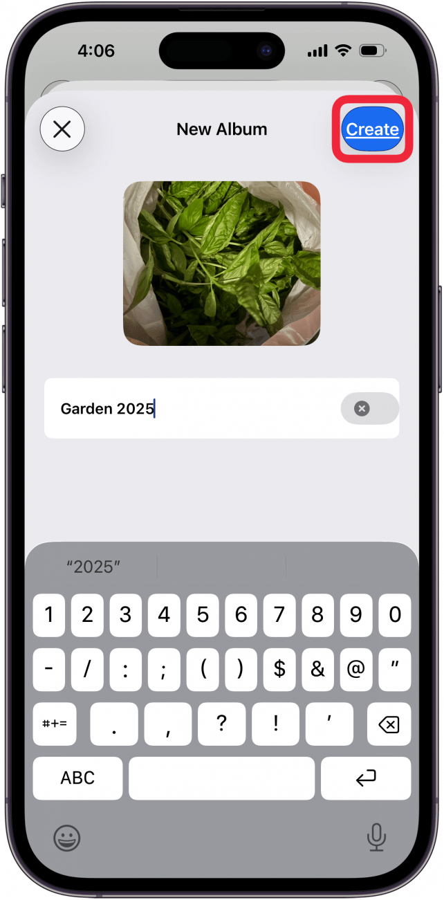 tap create to make a new photos album