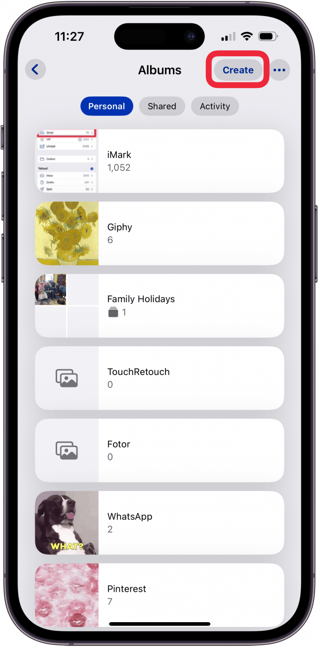 tap create to make folders on iphone