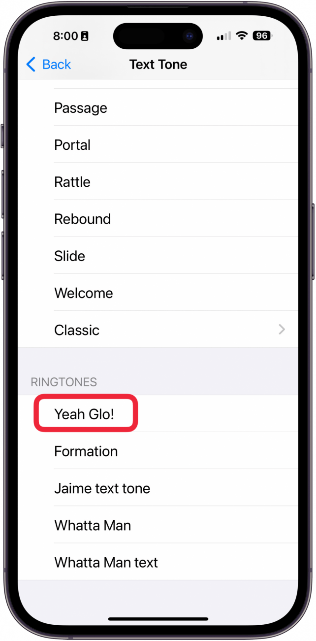 tap custom text tone iphone to choose