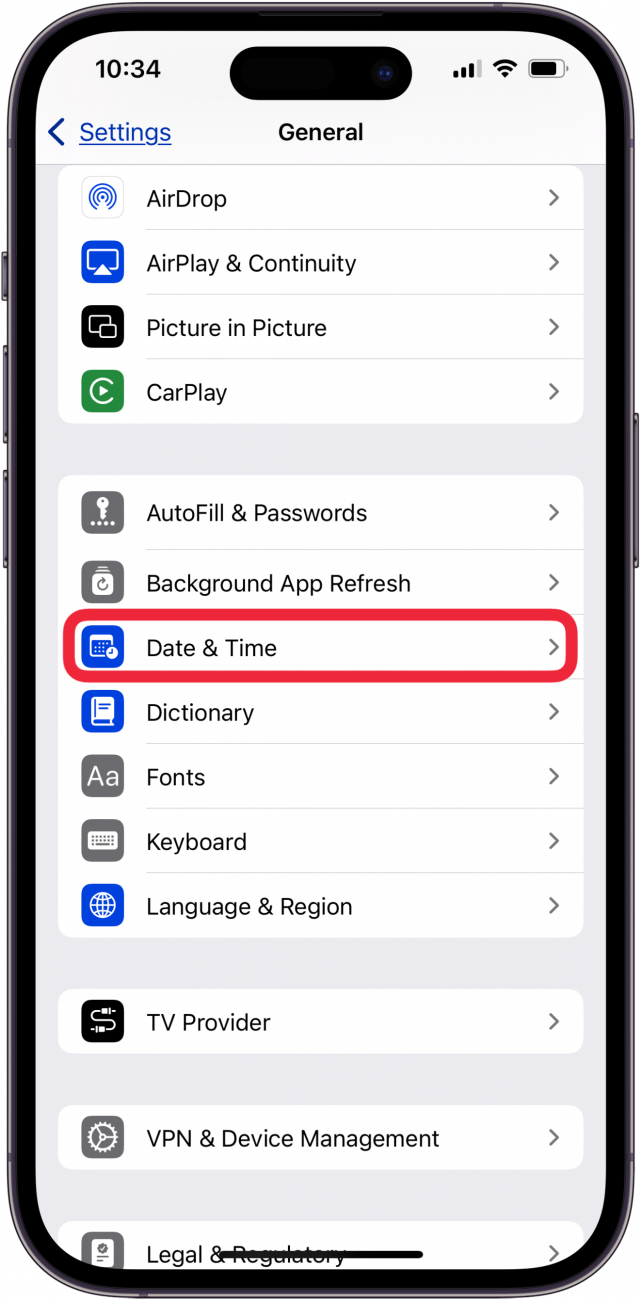 tap date and time in general settings
