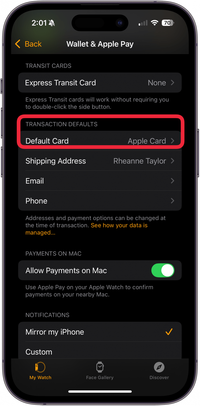 tap default card under transaction defaults