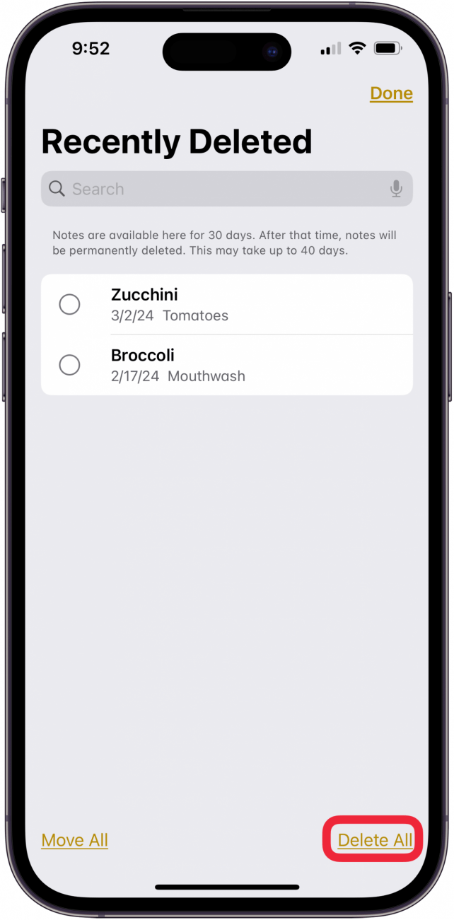 tap delete all to clear trash in notes