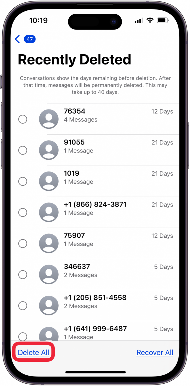 tap delete all to delete recently deleted texts iphone