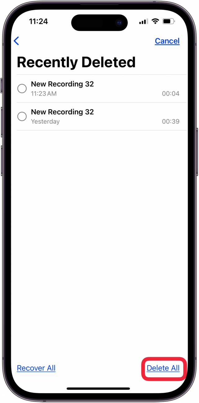 tap delete all to empty recycle bin in voice memos app