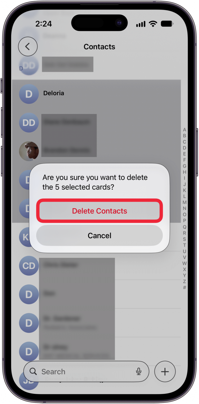 tap delete contacts to confirm