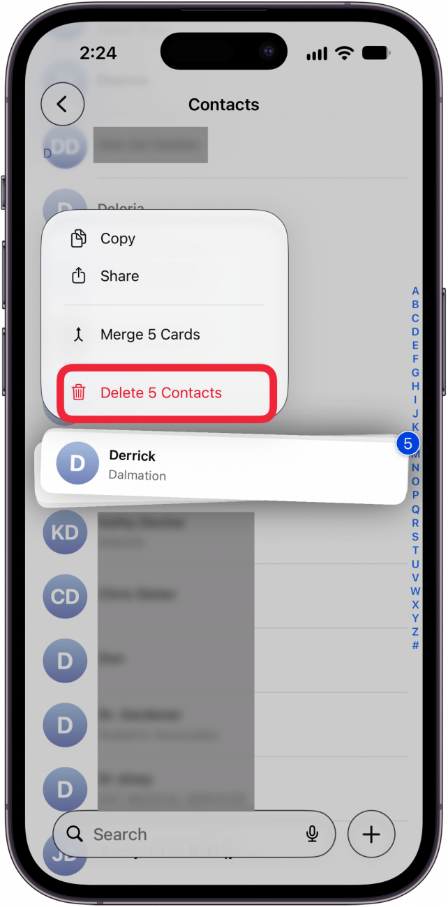 tap delete (number of) contacts