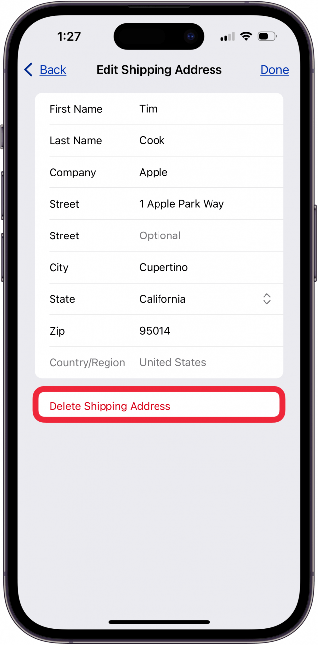 tap delete shipping address or edit