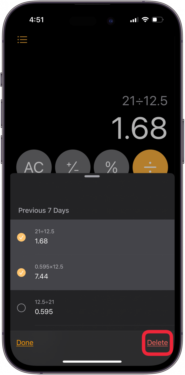 tap delete to clear calculator history
