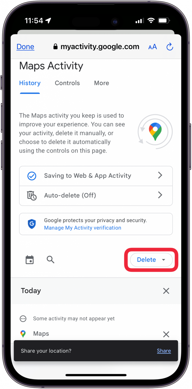tap delete to clear google maps search history