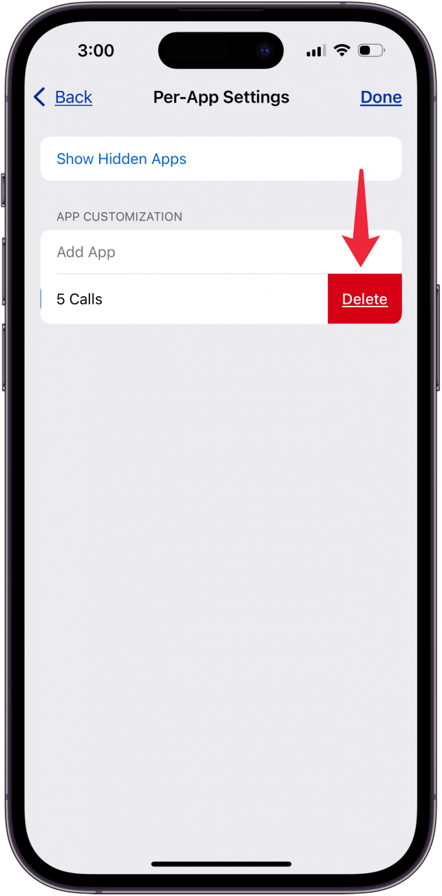 tap delete to delete app settings