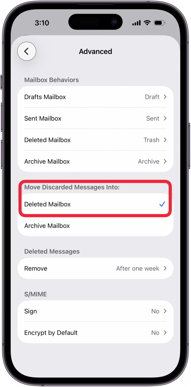 tap deleted mailbox in advanced settings